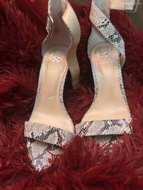 Vince Camuto Snake-Print Open-Toe Ankle Strap Heels in White and Black